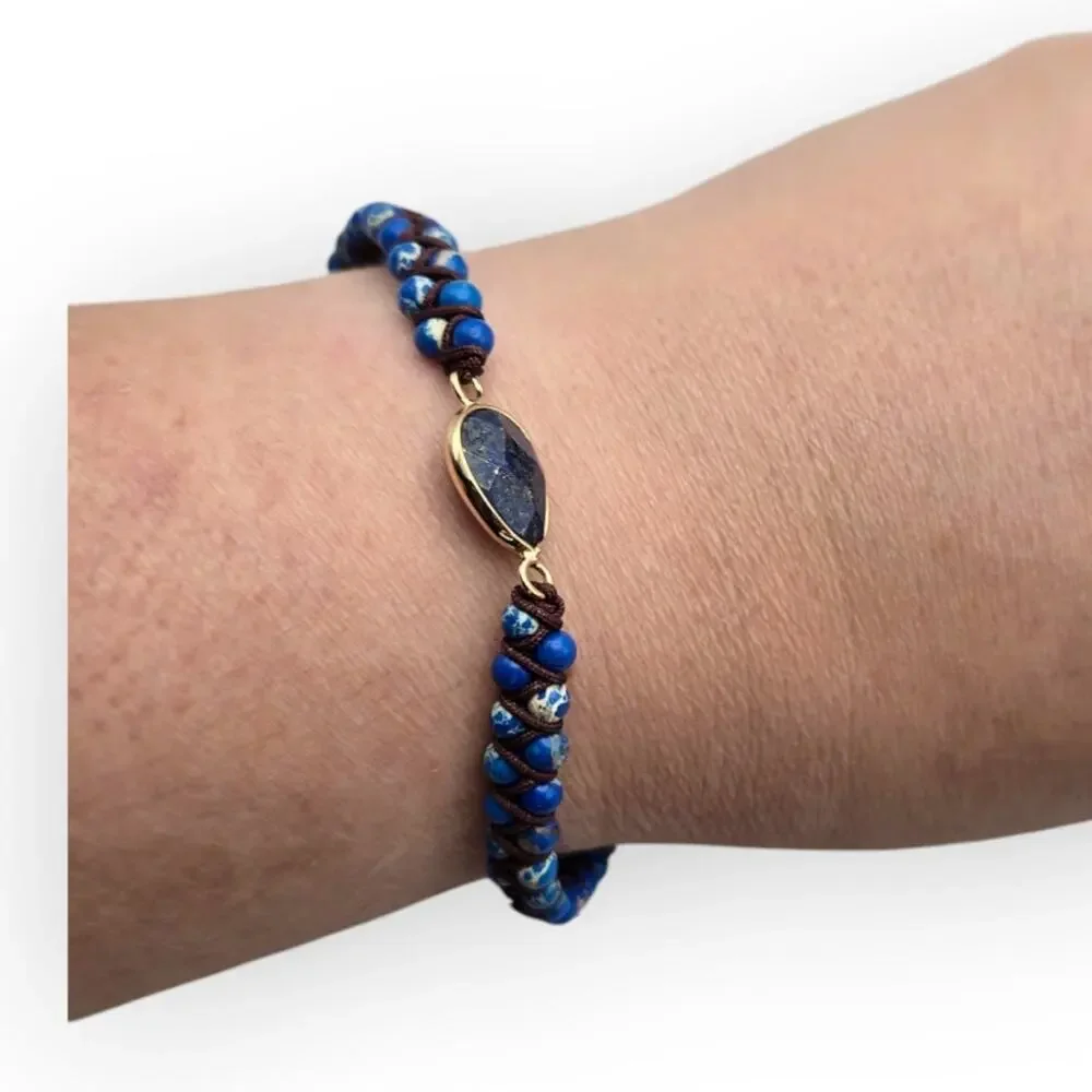 Boho Lapis Blue Beaded Macrame Bracelet – Adjustable Pull Tie Gold Tone Accent